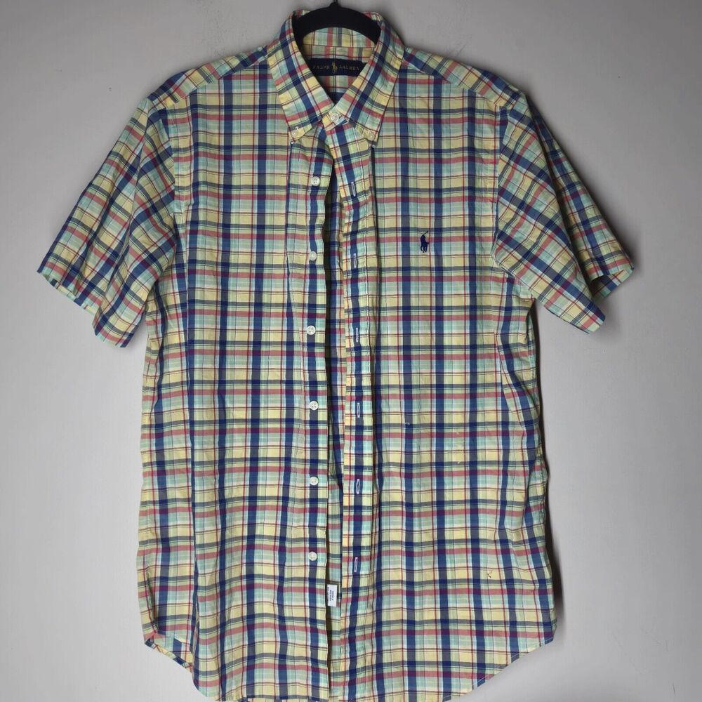 Ralph Lauren Shirt Mens M Green Plaid Preppy Blue Pony Green